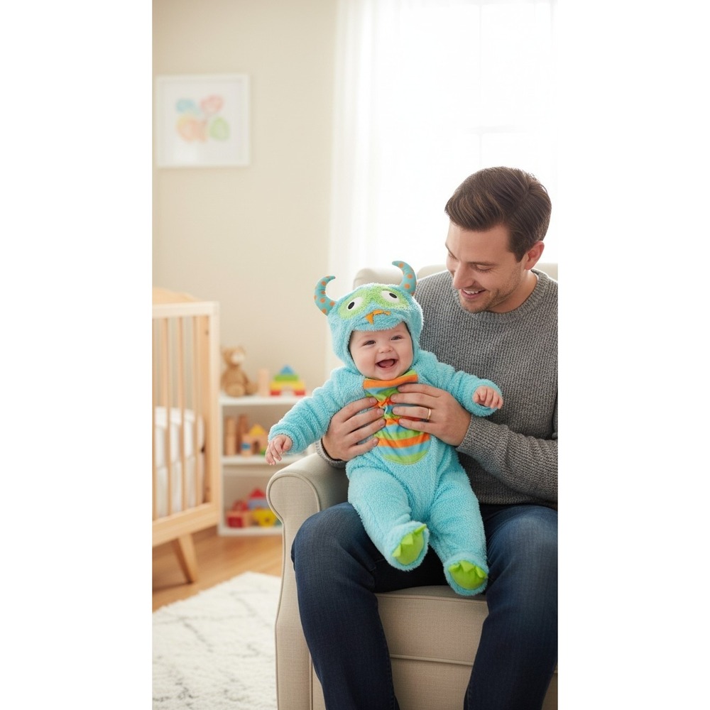 Spirit Halloween Baby Blue Plush Costume 8-12 Months 2 Piece Hood Onesie